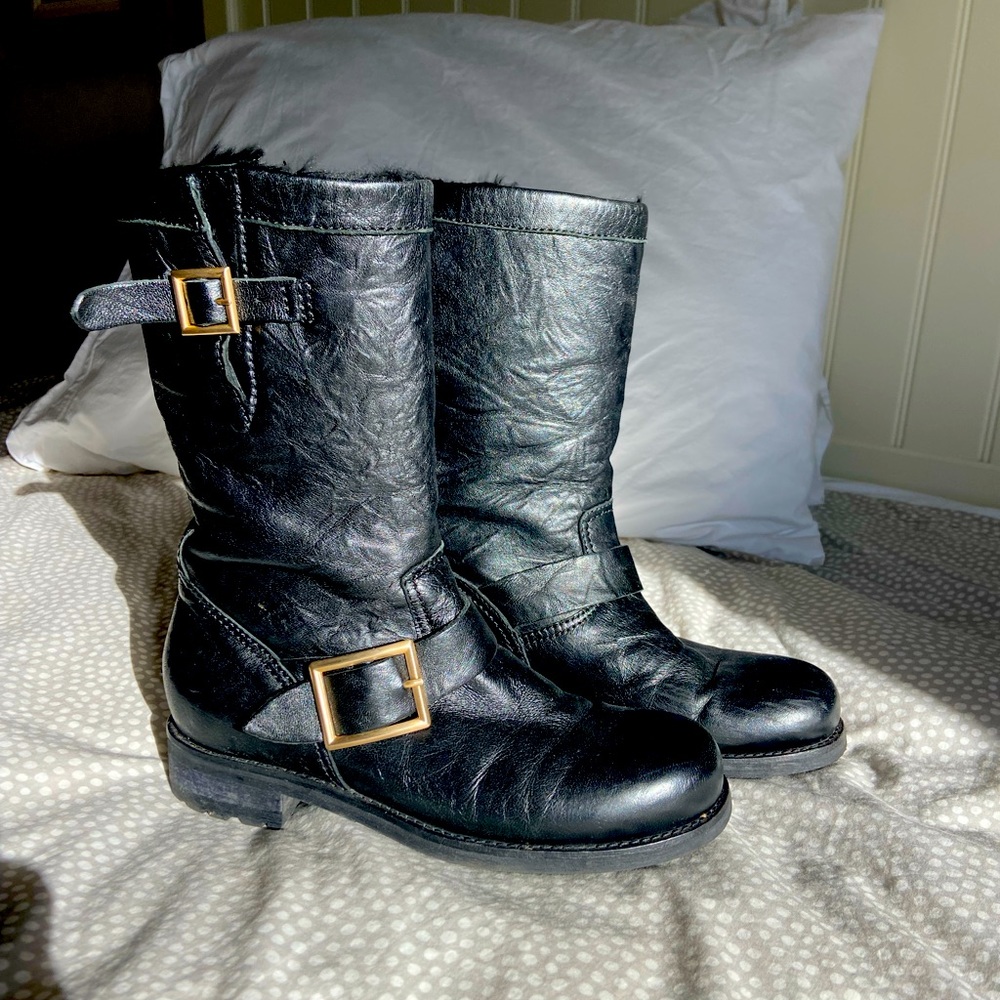 Jimmy Choo Black leather Moto boots, fur-lined euro size 36 (6)